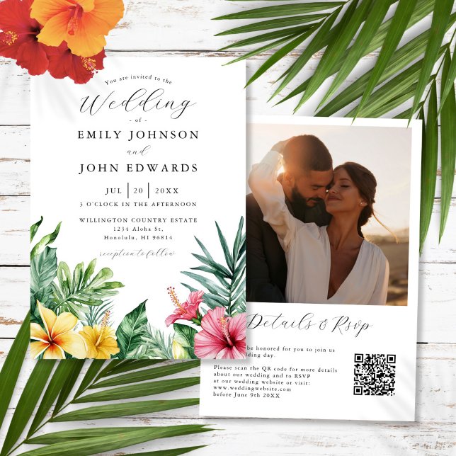 Tropiska vattenfärgsblommor Foto QR-kod Bröllop Inbjudningar (Watercolor Tropical Flowers Photo QR Code Wedding Invitation)