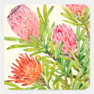Tropiska vattenfärgsblommor fyrkantigt klistermärke