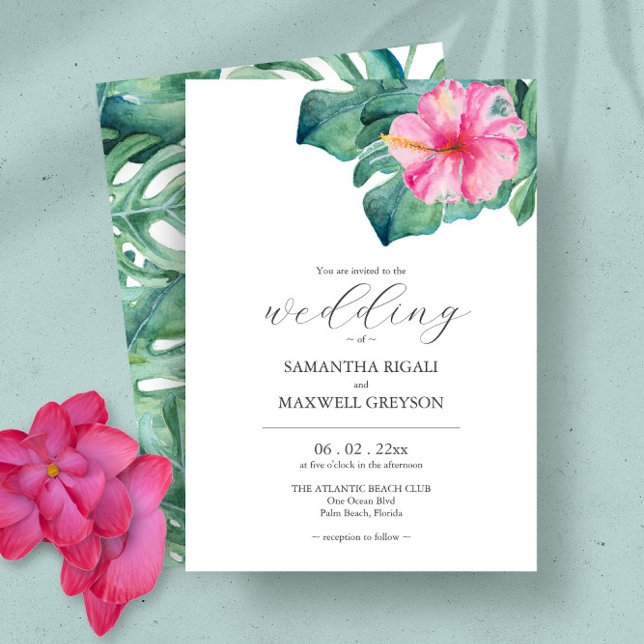 Tropiska vattenfärgsblommor Greenery Bröllop Inbjudningar (Tropical watercolor flowers and palm leaves wedding invitations art by Victoria Grigaliunas)
