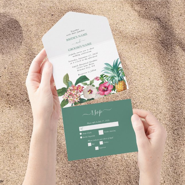 Tropiska vattenfärgsblommor och Greenery Bröllop (Tropical Watercolor Flowers & Greenery Wedding All In One Invitation)
