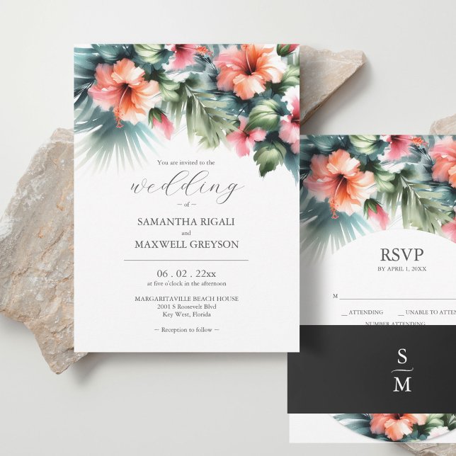 Tropiska vattenfärgsblommor och Greenery Bröllop Inbjudningar (Stacked wedding invitations watercolor pink and orange hibiscus flowers and palm leaves.)