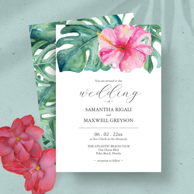 Tropiska vattenfärgsblommor och Greenery Bröllop Inbjudningar (Tropical hibiscus flower wedding invitations feature unique watercolor art by Victoria Grigaliunas)