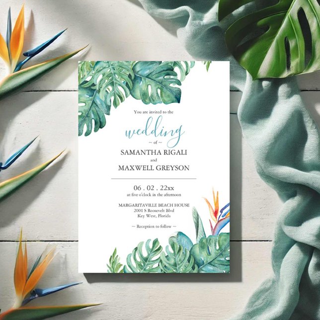 Tropiska vattenfärgsblommor och Greenery Bröllop Inbjudningar (Tropical destination wedding invitations watercolor floral and palm leaf art by Victoria Grigaliunas)