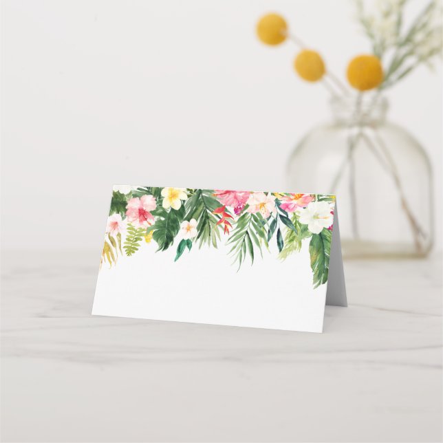 Tropiska vattenfärgsblommor och Greenery Bröllop Placeringskort (Framsida)