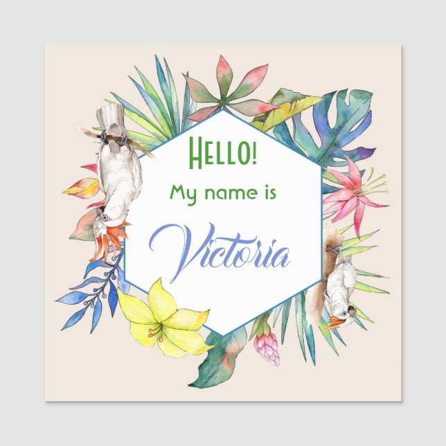 Tropiska vattenfärgsblommor och stora fågelkvadrat namnbricka (Framsida)