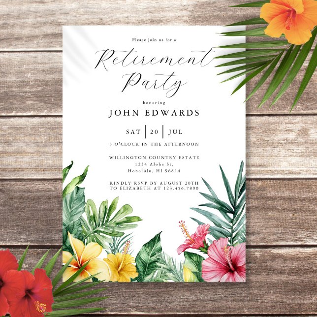 Tropiska vattenfärgsblommor Pension Party Inbjudningar (Watercolor Tropical Flowers Retirement Party Invitation)