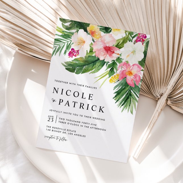 Tropiska vattenfärgsblommor QR-kod Bröllop Inbjudan Vykort (Watercolor Tropical Flowers QR Code Wedding Invitation Postcard)