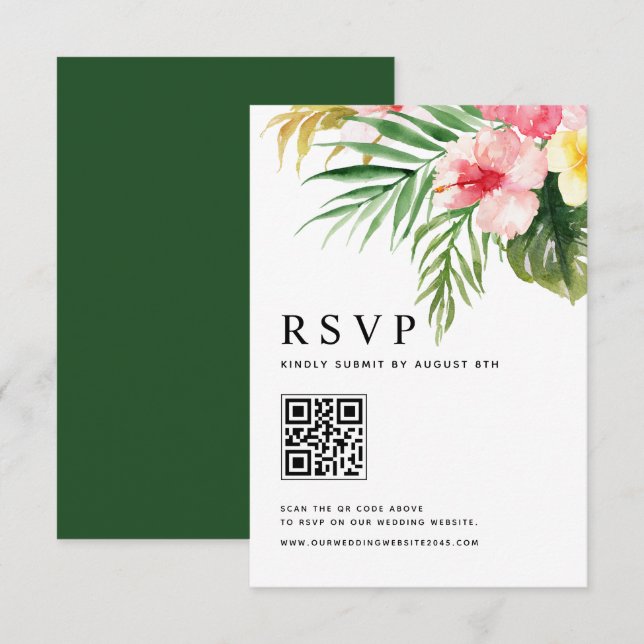 Tropiska vattenfärgsblommor QR-kod Bröllop OSA Kort (Fram/baksida)