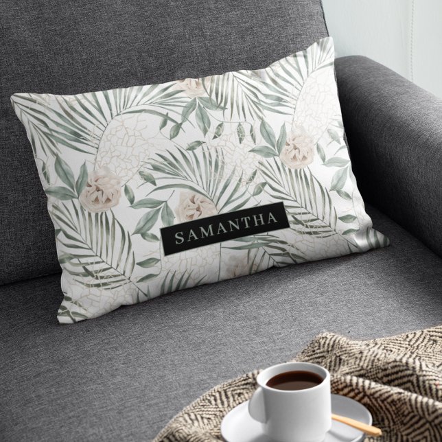 Tropiska vattenfärgsfärger Löv och blommor Mönster Prydnadskudde (Skapare uppladdad)