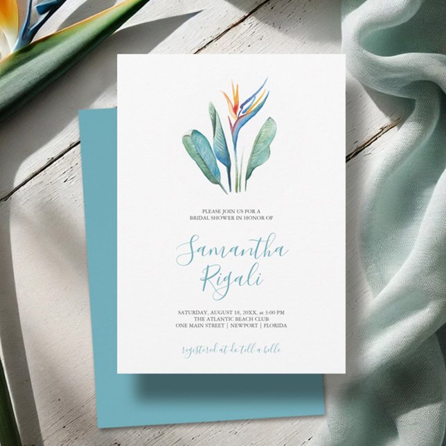 Tropiska vattenfärgsMöhippan (Bridal shower invitations simple watercolor tropical flower by Victoria Grigaliunas Do Tell A Belle)