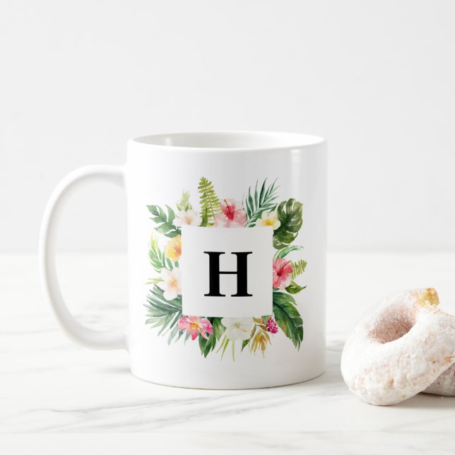 Tropiska vattenfärgsplantor Ram Monogram Kaffemugg (Med munk)