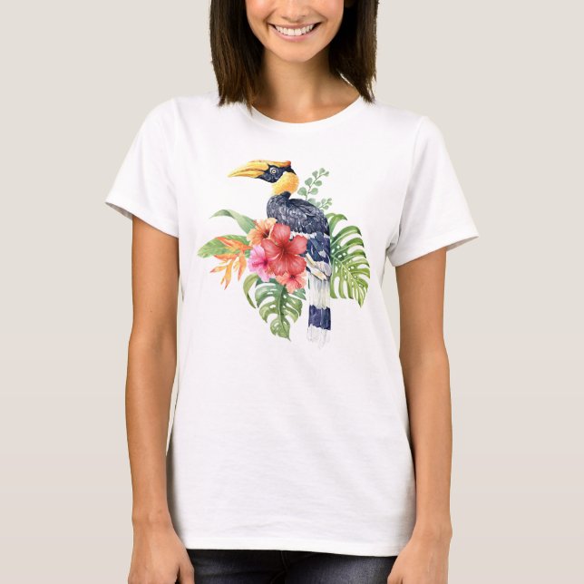 Tropiska vattenfärgsUnderbara hornbill & Flowers T Shirt (Framsida)