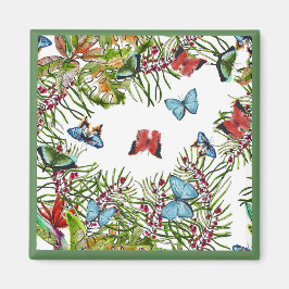 Tropiska växter Butterflies Berries Red Blue Magnet