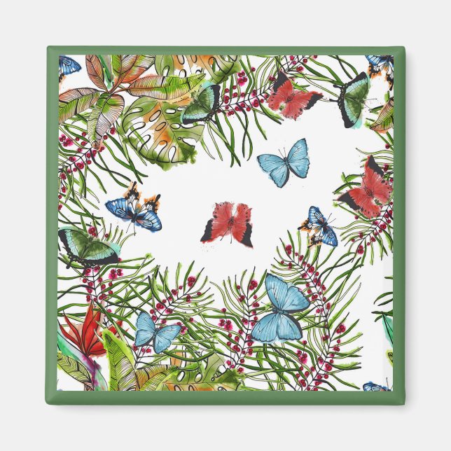 Tropiska växter Butterflies Berries Red Blue Magnet (Framsidan)