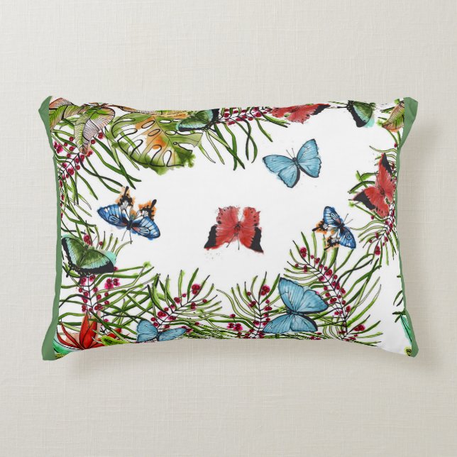 Tropiska växter Butterflies Berries Red Blue Prydnadskudde (Framsidan)