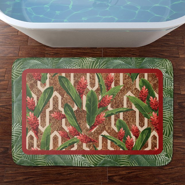 Tropiska växter och Handflatan Mönster Badrumsmatta (Tropical Plants and Palms Geometric Pattern Bath Mat)