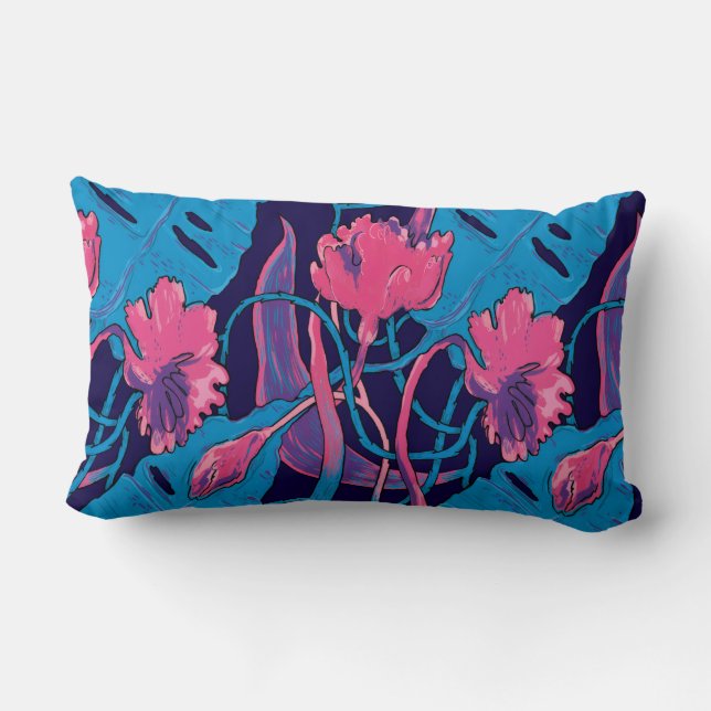 Tropiska vilda blommor Blå Rosa Moderna Exotiska Lumbarkudde (Baksida)