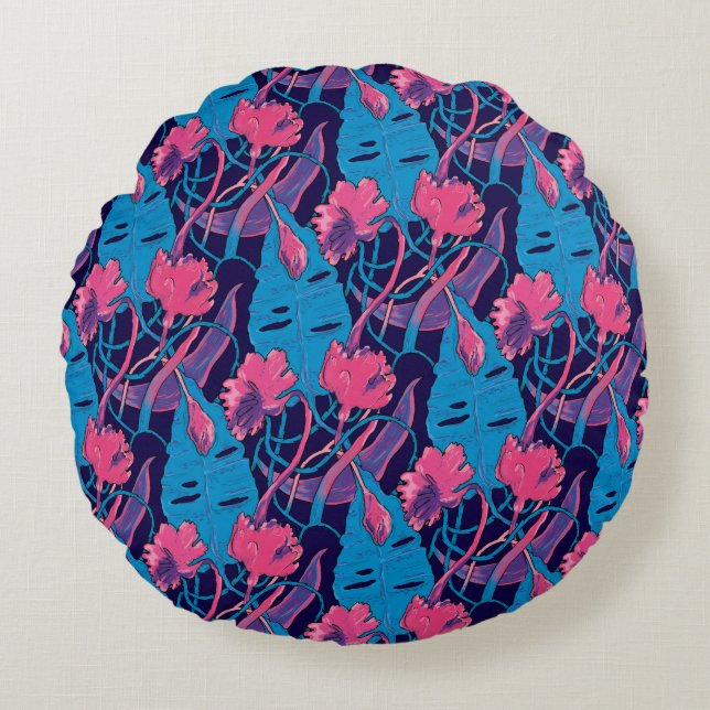 Tropiska vilda blommor Blå Rosa Moderna Exotiska Rund Kudde (Framsidan)