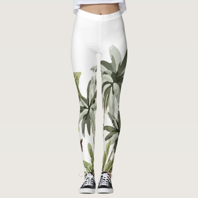 Tropiska Vintagen Botaniska Handflatan Träd Leggings (Framsida)