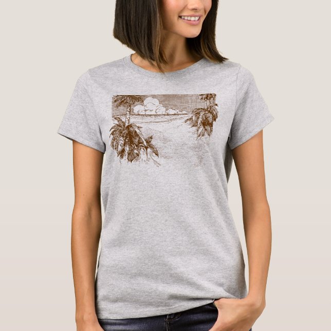 Tropiska Vintagen Feach Klåda i Brown T-Shirt (Framsida)