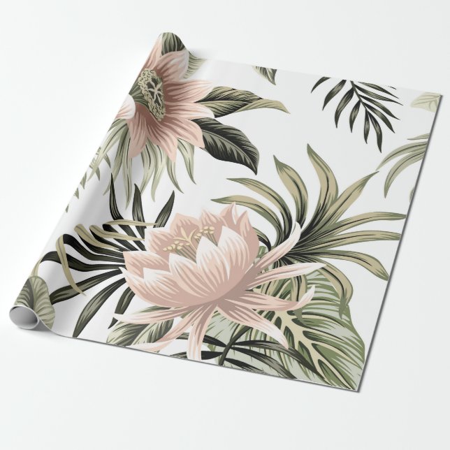 Tropiska vintagens rosa lotus, handflatan löv, ban presentpapper (Utrullad)