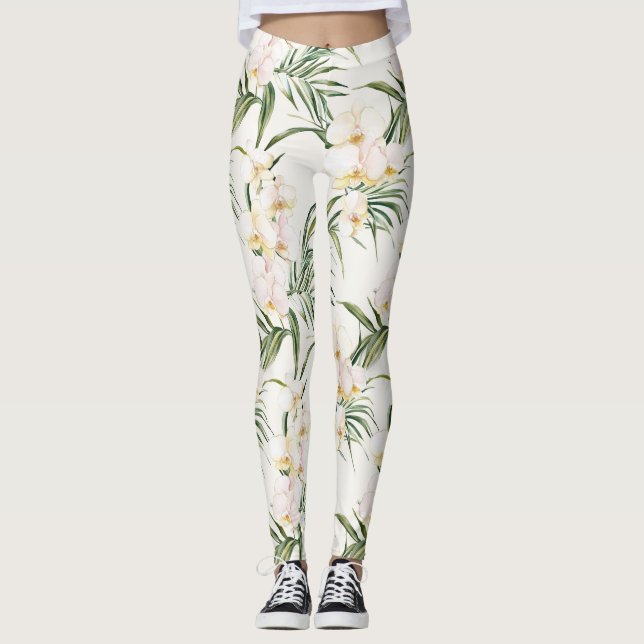 Tropiska vita orchid Flowers Leggings (Framsida)
