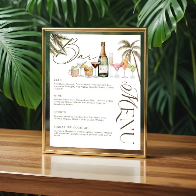 Tropiska Watercolor Cocktails Bröllop Pub Menu Poster (Tropical Watercolor Cocktails Wedding Bar Menu Poster)