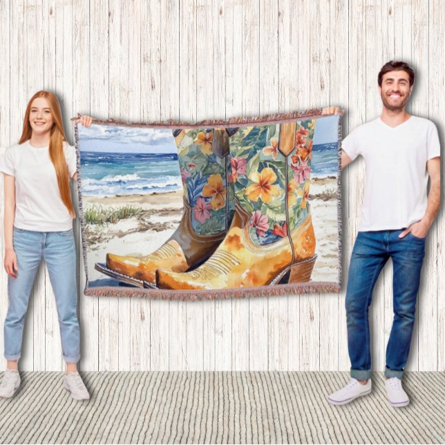 Tropiska Westerna Cowgirl träffar Tropical Beach Filt (Western Fringe Throw Blanket with Tropical Hawaiian Floral Cowgirl Boots Rustic Meets Beach )