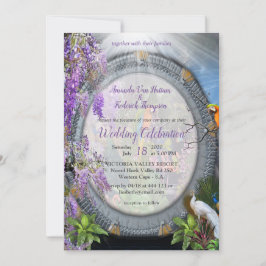 Tropiska Wisteria-blommor och stora färgade fåglar Inbjudningar