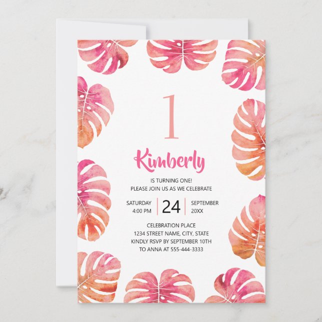 Tropiskt 1:a födelsedag Party Rosa sommarströ Inbjudningar (Framsida)
