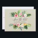 Tropiskt akvarell blomstermotiv för spara datum datumet<br><div class="desc">Vackert modernt tropiskt akvarell blomstermotiv för spara datum. Vacker text med skrivstil. Del av en sommarbröllopssamling.</div>