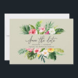 Tropiskt akvarell blomstermotiv för spara datum datumet<br><div class="desc">Vackert modernt tropiskt akvarell blomstermotiv för spara datum. Vacker text med skrivstil. Del av en sommarbröllopssamling.</div>