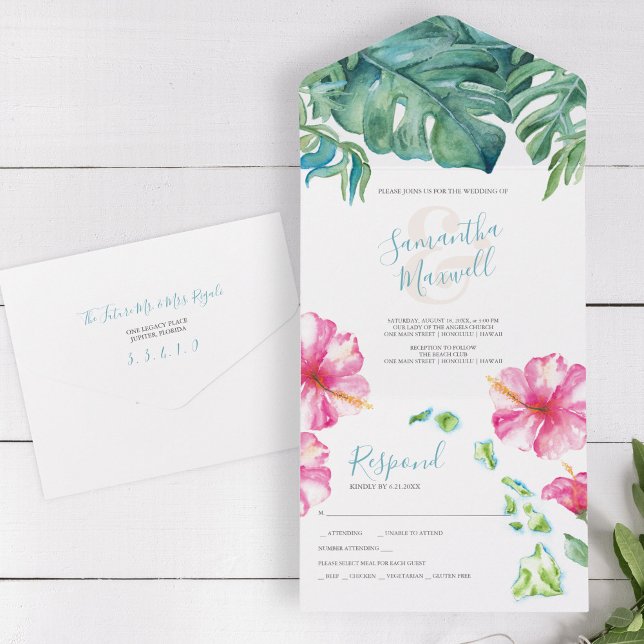 Tropiskt akvarell Hawaii-bröllop (All in one destination wedding invitations watercolor Hawaiian islands tropical flowers leaves)