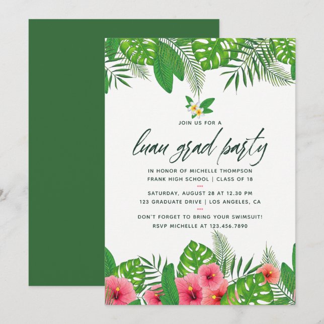 Tropiskt akvarell Luau-examensfest inbjudan (Fram/baksida)