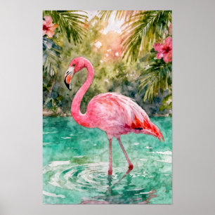 Tropiskt akvarell Rosa Flamingo Blommig Paradis Poster