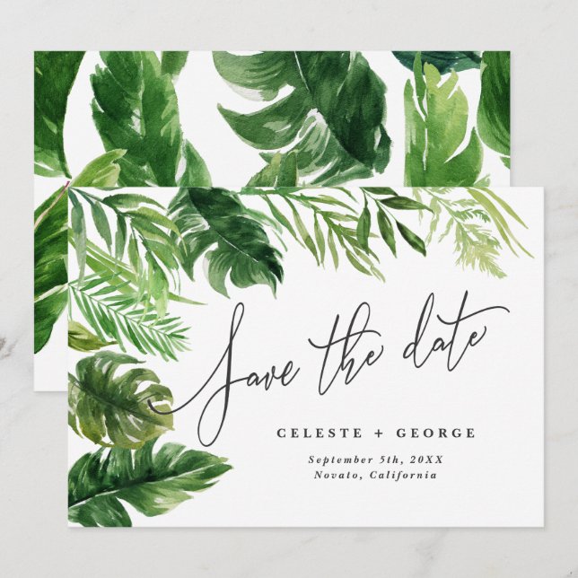 Tropiskt akvarellblad floralt spara datum datumet (Fram/baksida)