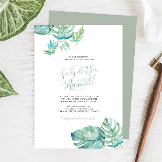 Tropiskt akvarellgrönt bröllopsinbjudan (Tropical destination wedding invitation designed with watercolor monstera palm leaves)