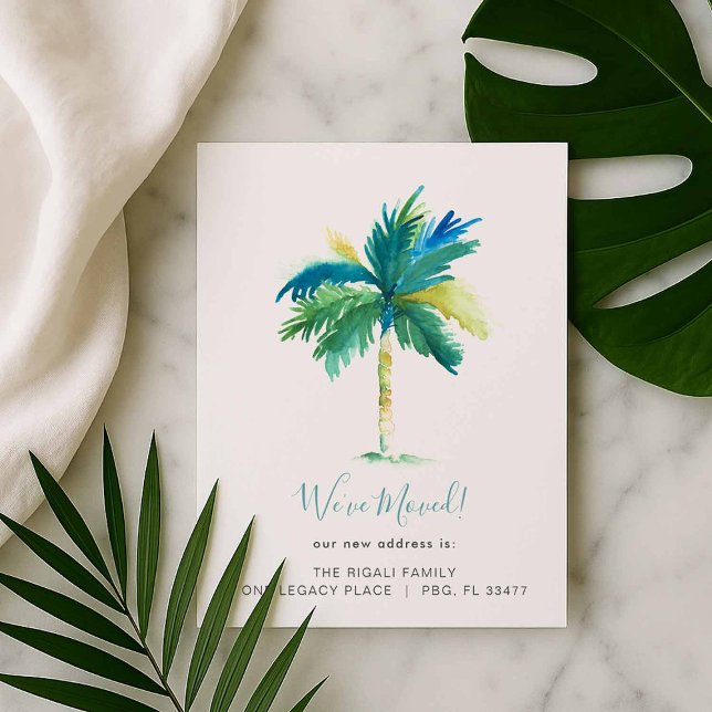 Tropiskt akvarellpalmer Motiv för adressändring Meddelande Vykort (New address moving announcement postcard designed with watercolor palm tree art )