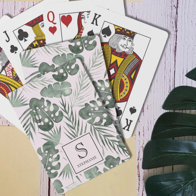 Tropiskt akvarellpalmmönster monogram casinokort (Skapare uppladdad)