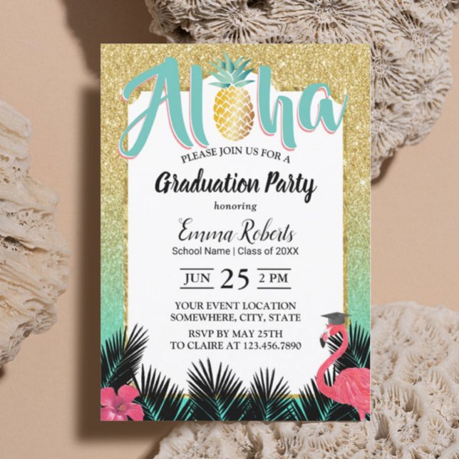Tropiskt ananas Aloha Guld Glitter Studenten Inbjudningar (Skapare uppladdad)
