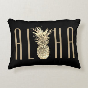 Tropiskt ananas Aloha Guld Typography Black Prydnadskudde