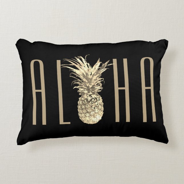 Tropiskt ananas Aloha Guld Typography Black Prydnadskudde (Framsidan)