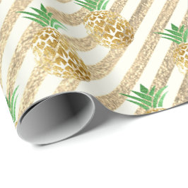 Tropiskt ananas blad grönt guld rand vitt presentpapper