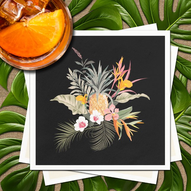 Tropiskt ananas Hibiscus Foliage på svart Pappersservett (Tropical Pineapple Hibiscus Foliage on Black Napkins)