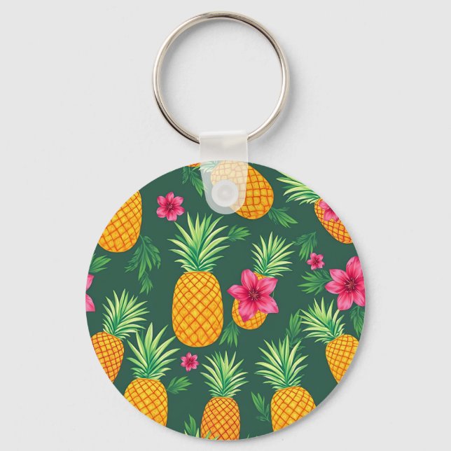 Tropiskt Ananas Hibiskus Mönster Nyckelring (Framsida)