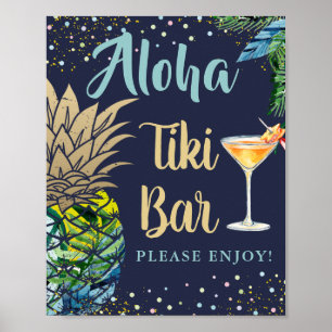 Tropiskt ananas marinblå Hawaii Tiki Pub-tecken Poster