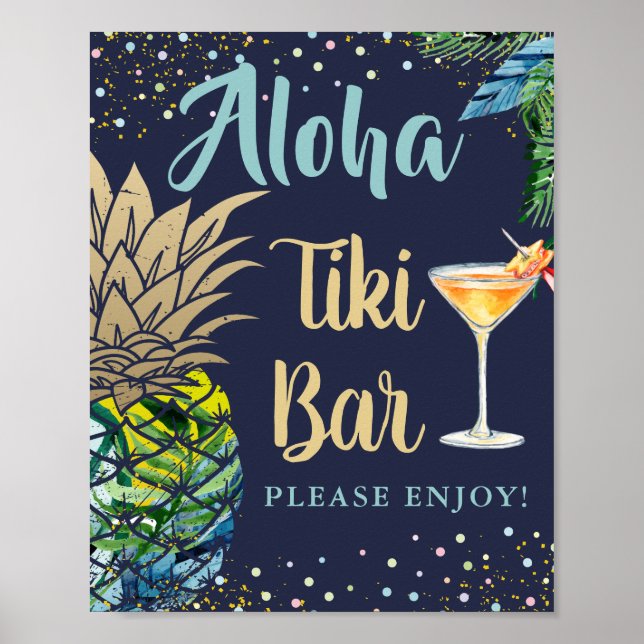 Tropiskt ananas marinblå Hawaii Tiki Pub-tecken Poster (Framsidan)