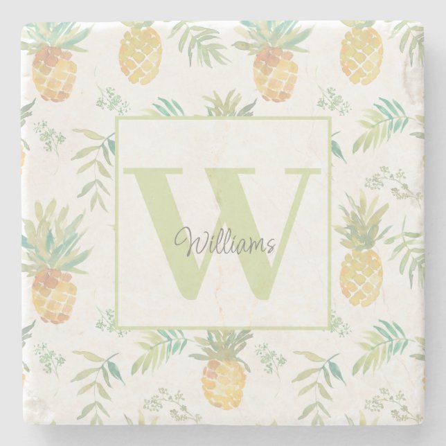 Tropiskt ananas Monogram Namn Stenunderlägg (Framsidan)