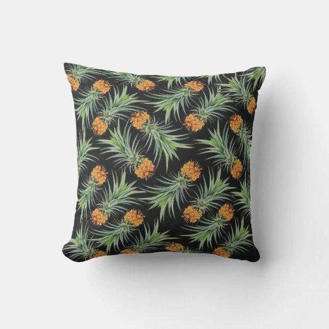 Tropiskt ananas Mönster på svart Kudde (Framsida)