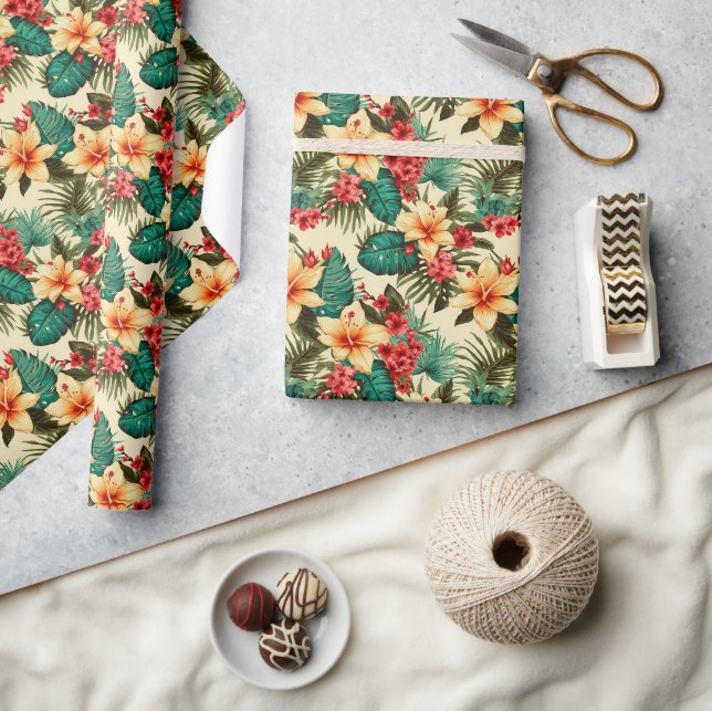 Tropiskt ananas och Hibiscus Mönster på Beige Presentpapper (Hantverk)